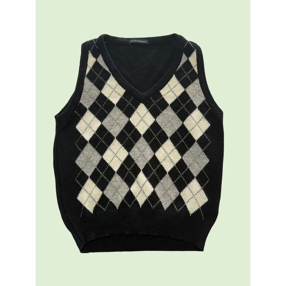 Brandy Melville Argyle Sweater Vest Black Grey White Wool Blend V-Neck Preppy